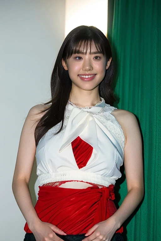 8K RAW Photos, highest quality, masterpiece, Ultra-high resolution, 3D, Realistic, One Girl, Asian, black_hair, black_Sailor_collar, length_hair, nose, Natural skin texture, light brown_eye, detailed eyes and face, smile, Beautiful feet, plump belly、Beautiful seaside location, (Detailed Background), (Huge breasts: 1.6), Blurred Background, White sheer lace tiny bikini swimsuit、Chubby、Big Ass、from the front、Standing posture、Wide-open legs、カメラeye線、plump belly、Abdominal swelling、