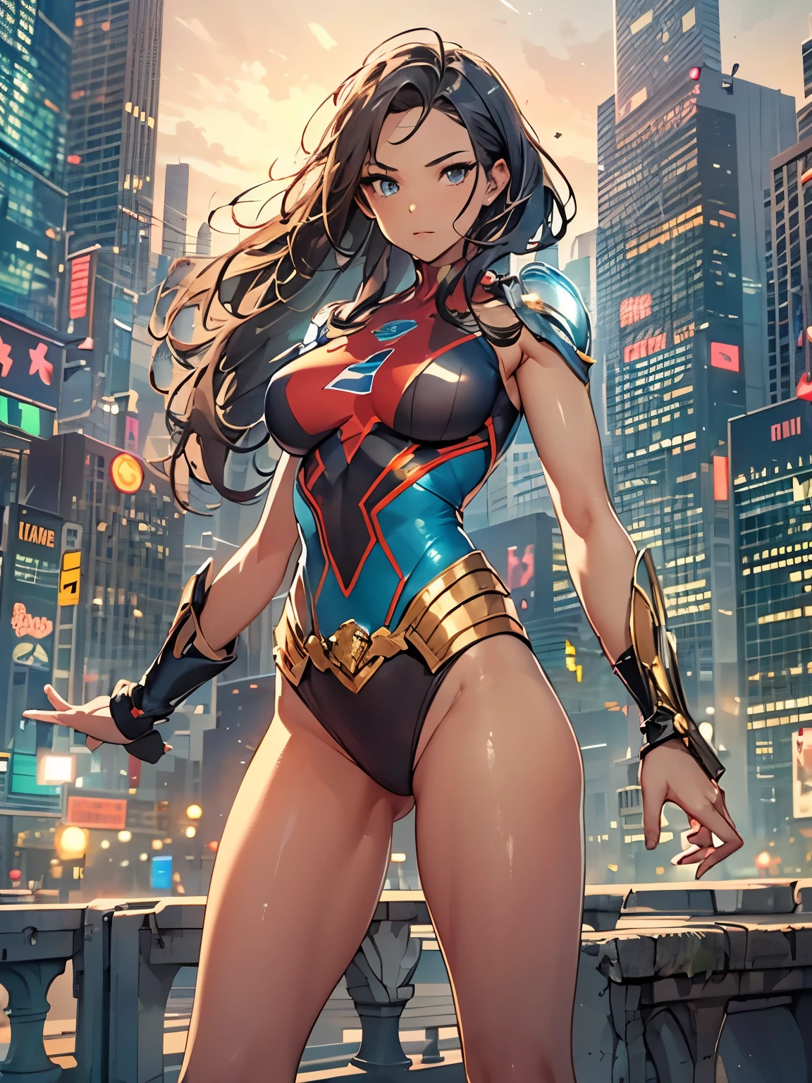 best quality, masterpiece, highres, 1girl, boots, breasts, bracelets, full body with costume, leotard, bare legs, medium breasts, perfect hands, complete fingers, perfect anatomy, perfect proportions, solo, solo focus, superhero girl, beautiful detailed eyes, beautiful detailed face, diffraction spikes, heroic, standing straight, hands on hip, city backdrop