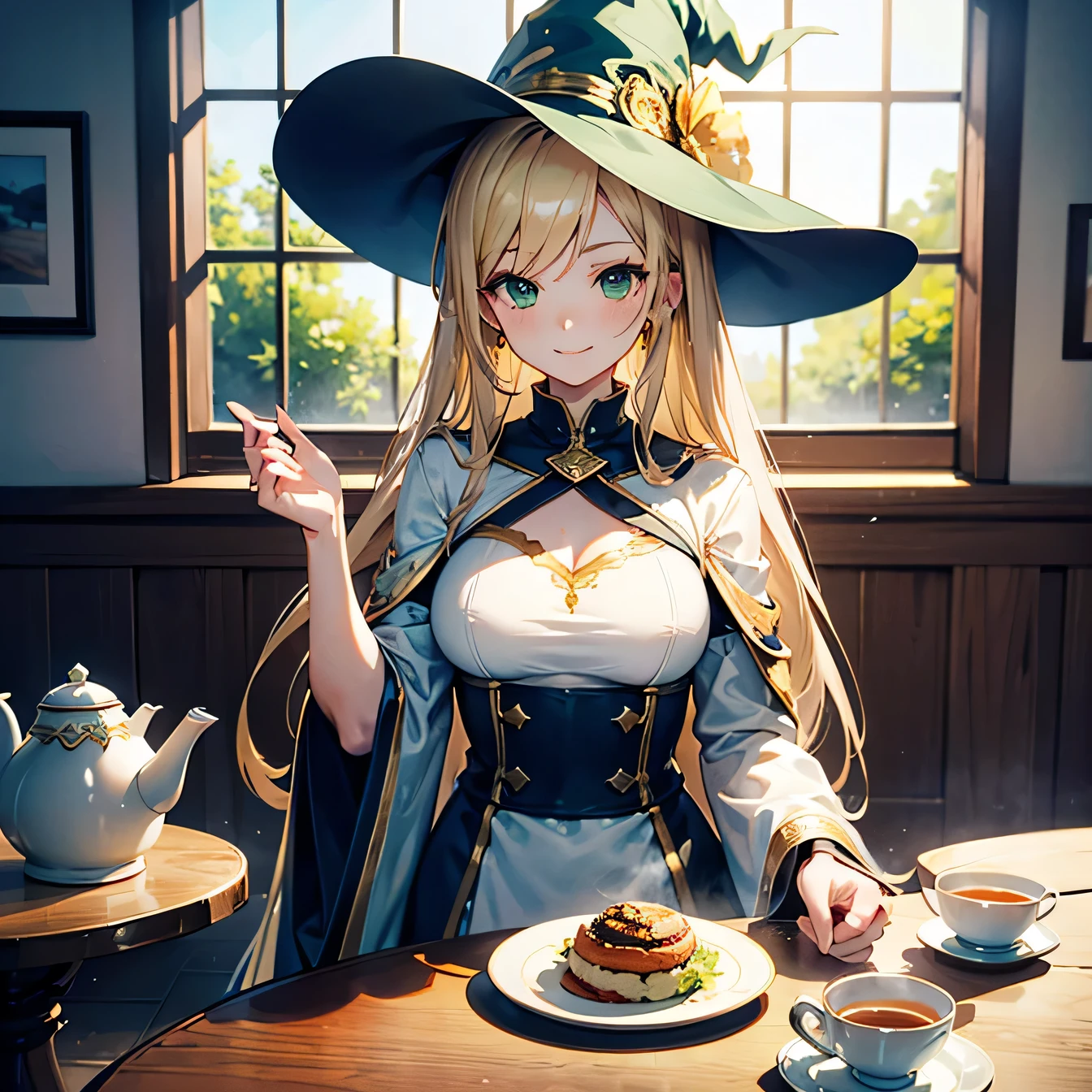 Anime Moe Art Style,highest quality,High resolution,Anatomically correct,One Woman,Twenty years old,Blonde,Super long hair,Straight Hair,Green Eyes,Super detailed,Fantasy Style,witch,White hat with gold trim,White cloak with gold trim,A long dress with a green base,Medium sized breasts,Open Terrace Cafe,white round table,Smiling face with teapot and tea on the table,Beautiful posture,8K