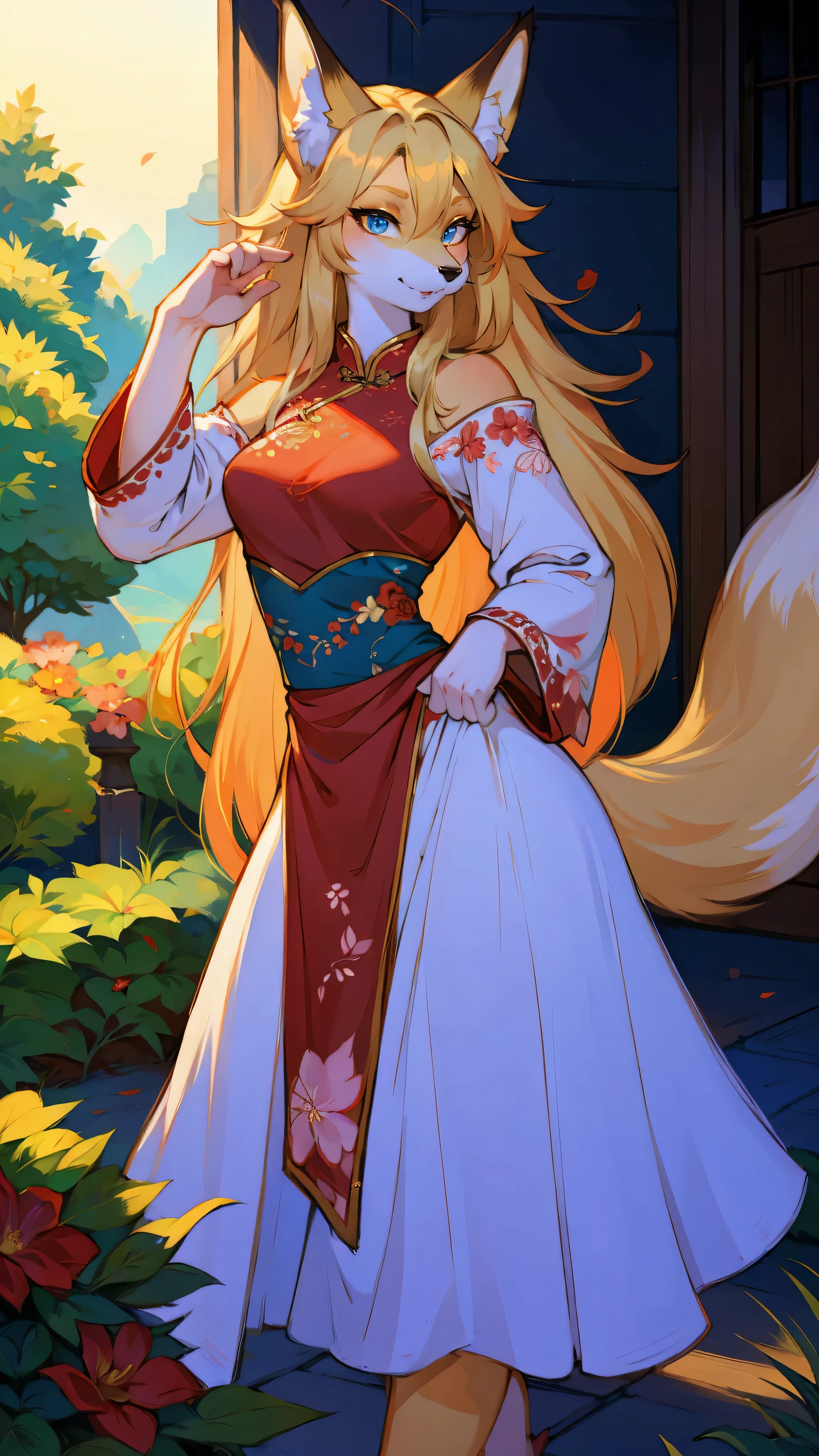 furry_girl,fox_girl,beautiful detailed eyes, luscious long hair, traditional Chinese clothing, delicate floral patterns, elegant embroidery, graceful poses, picturesque garden, vibrant colors, soft natural lighting, peaceful atmosphere, ancient charm