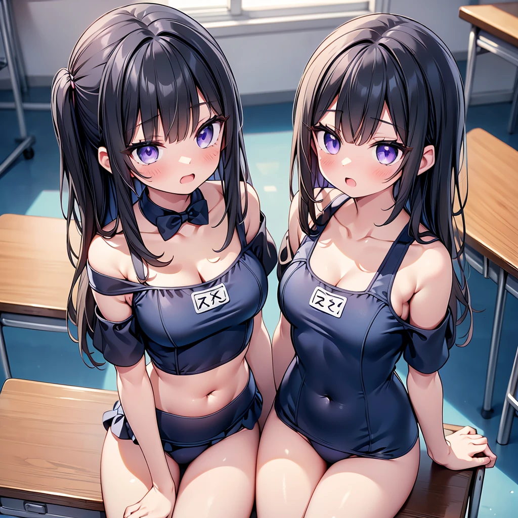 (cute eyes:1.2), (sparkling eyes:1.2), (8K、Best image quality、highest quality、masterpiece)、Detailed face、(2 girls)、Improve、(Black Hair, Purple Eyes, long hair)、(open mouth), (embarrassed), (skinny body:1.3),(small breasts), (Off shoulder school swimsuit:1.2), (Bare shoulders:1.2),(clavicle:1.1), (cleavage), (crop top navel), Sit on a chair, Classroom Background, (black stockings:1.1), (Thighs:1.1), (Waistline:1.1),(close-up shot of bust), (from above:1.2)