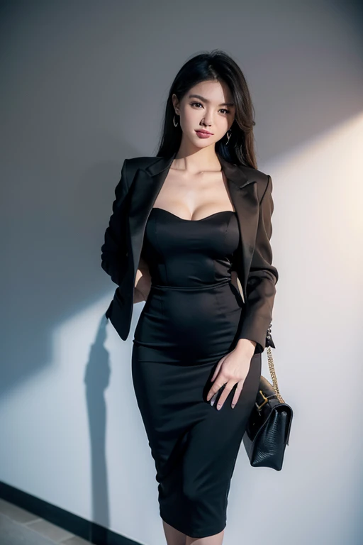 ((Masterpiece, best quality)), edgQuality,smug,smirk,
((edgpdress, a woman in a dress posing for a picture )), huge breasts, curvy, jewelry, jacket, bag, formal, suit, pencil skirt, handbag, realistic, office lady, skirt suit, wearing a pencil dress, (no logos on background), (no logo), ((plain background)), ((plain background)), (((empty background))).