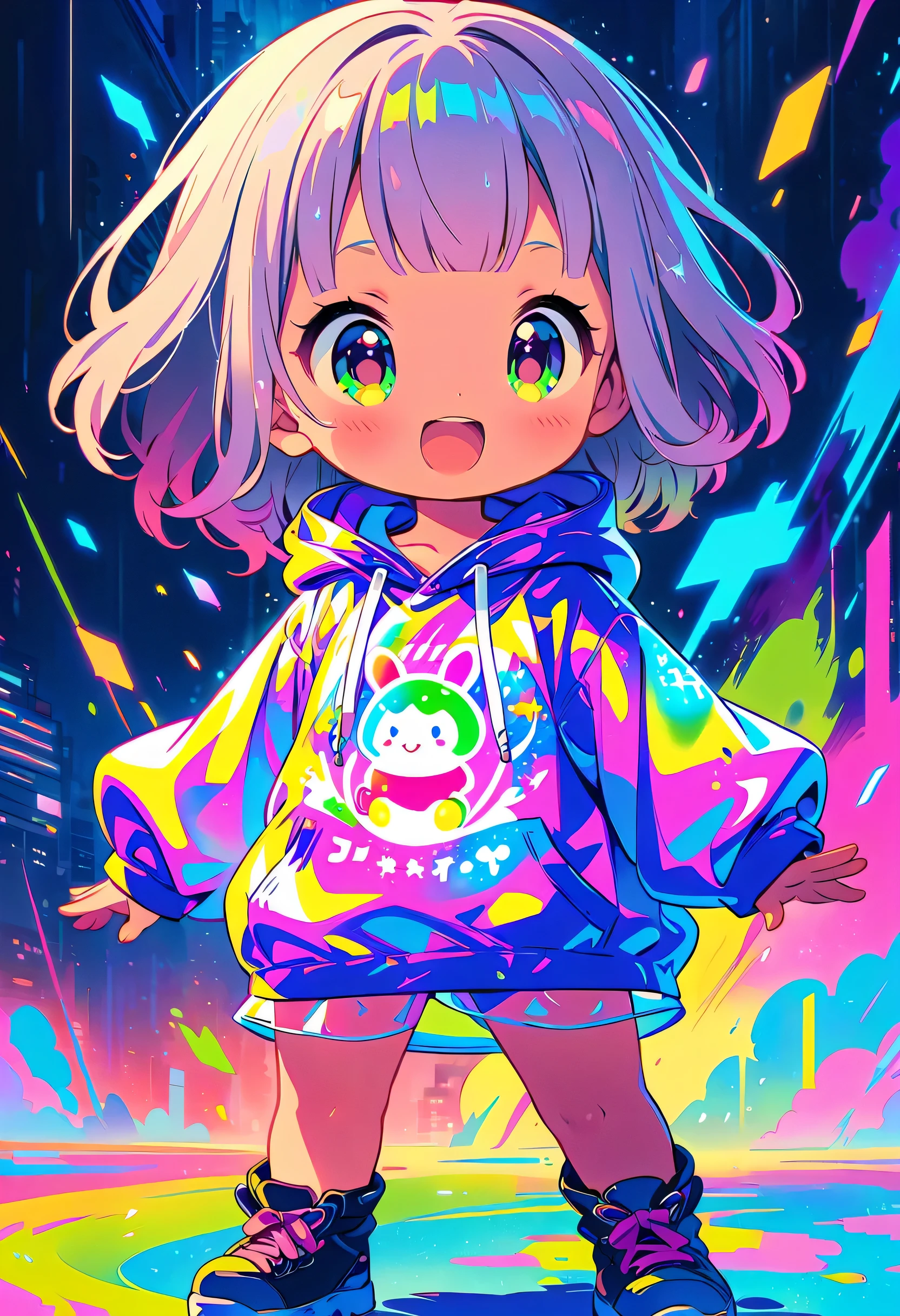 （Super cute Q version baby girl Rem standing in the rain in a clear plastic hoodie：1.4）, Rainbow color illustration, magically glowing, Shiny and colorful, hologram, By Yumi, anime art wallpaper 8k, Gurwitz-style artwork, Anime Art Wallpaper 4k, anime art wallpaper 4k, Beautiful anime artwork, digital animation art, Gurwitz，（Full body female love：1.5）