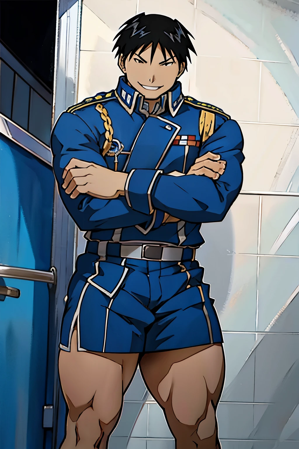 Roy Mustang from Full Metal Alchemist, wearing blue skirt, bodybuilder, smug smile, defined body, making sexy poses