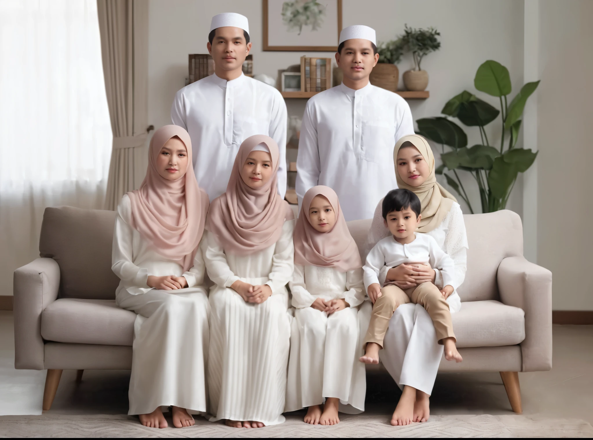 Family photo from Indonesia, seven members, one 70-year-old grandmother sitting on the sofa with one 7-year-old daughter and one 3-year-old son, two men and two women standing behind the sofa, all wearing coordinated white Muslim attire and matching sharia long dresses (soft pink hijab), realistic photo, ultra HD, simple living room background, green flower vase decoration, daylight, UHD, 32k