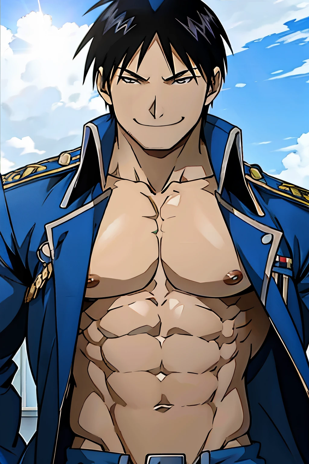 Roy Mustang from Full Metal Alchemist, open his jacket and shirt showing his abs, bodybuilder, shirtless, smug smile, defined body, making sexy poses