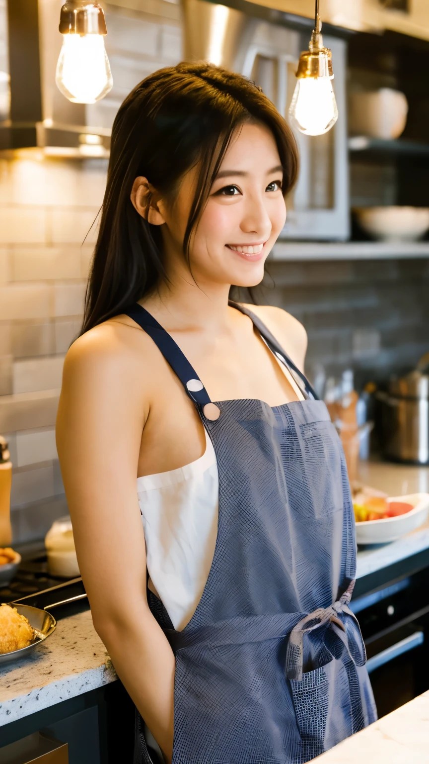 Highest resolution, 4K, Masterpiece: 1.3), A Japanese milf, photo of one lady, Sexy: 1.1, fine eyes, Slender figure, Realistic teeth, double eyelids, smile, full body, best quality, detailed, beauty, a married woman, at the kitchen, wearing apron