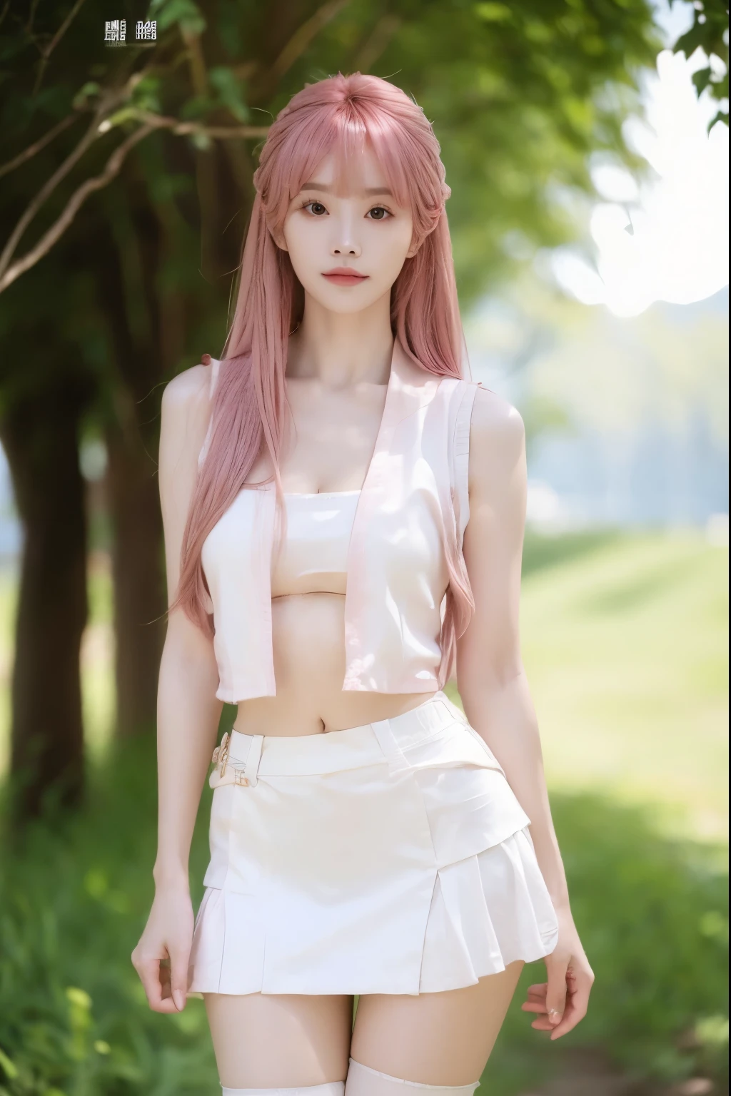 Beautiful woman with perfect body:1.4,Layered Hairstyle,Prominent cleavage,Highly detailed face and skin textures,Double eyelids,Skin Whitening,Long hair,Whitened long legs,Pink hair,(Tight-fitting sleeveless vest,miniskirt,White pantyhose)Standing on the top of the mountain