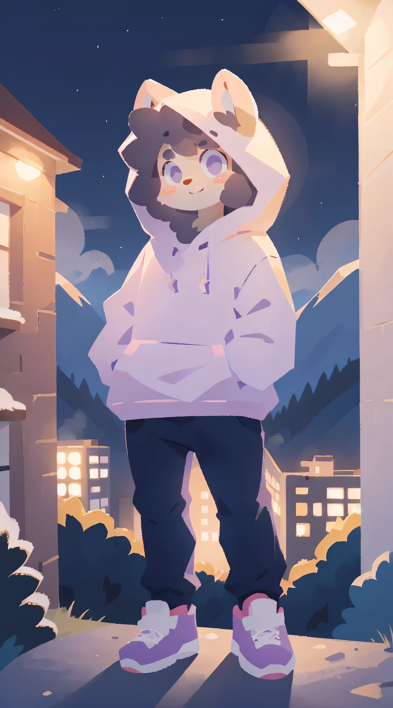 a full body focus, anthropomorphic adult sheep wearing a light purple hoodie and showing large fluffy fur coming out of the neck, pants, cute face, posing for a picture in a hill at night with a city in the far distance