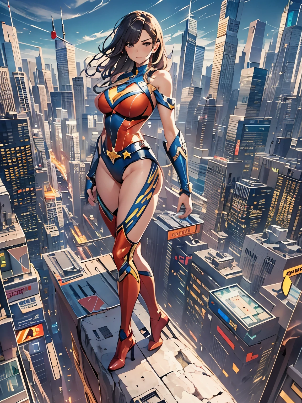 1girl, boots, breasts, bracelets, full body with costume, leotard, bare legs, medium breasts, perfect hands, complete fingers, perfect anatomy, perfect proportions, solo, solo focus, superhero girl, beautiful detailed eyes, beautiful detailed face, diffraction spikes, heroic, standing straight, hands on hip, city backdrop