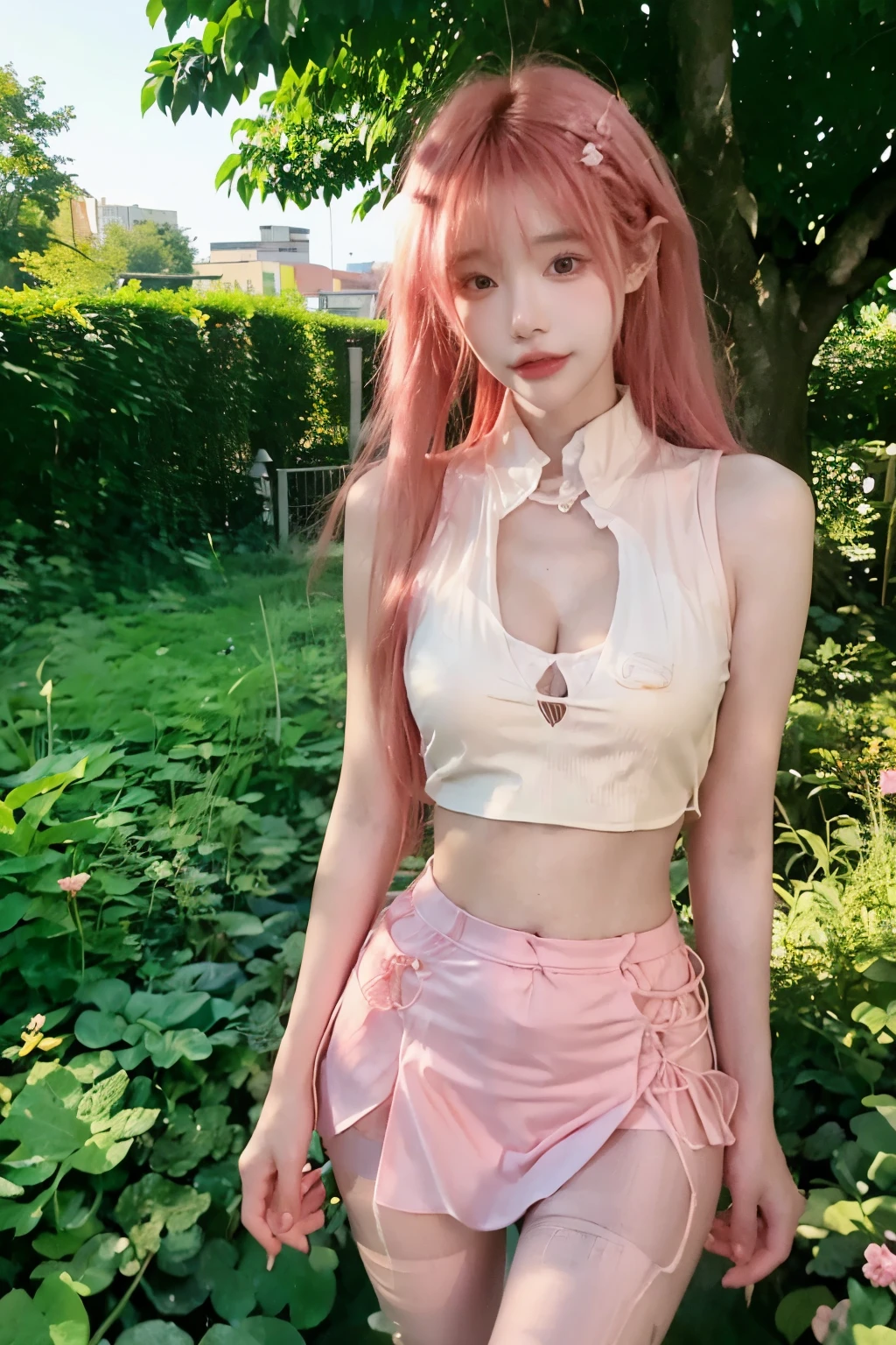 Beautiful woman with perfect body：1.4，Layered Hairstyle，Prominent cleavage，Highly detailed face and skin textures，Double eyelids，Skin Whitening，Long hair，Whitened long legs，Pink Hair，（Sleeveless vest，miniskirt，Black pantyhose）Standing on the grass