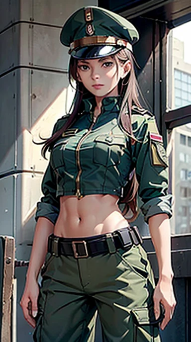 Women in crop top soldier uniform, soldier hat, medal on the chest, exposed abdomen area, very low waist cargo pants, navel, 45 years-old, high ranking , standing,