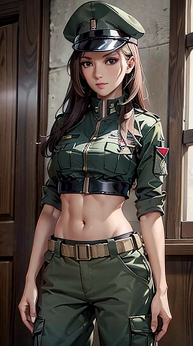 
Women in crop top soldier uniform, soldier hat, medal on the chest,  exposed abdomen area, very low waist cargo pants, navel, 45 years-old, high ranking , standing, 