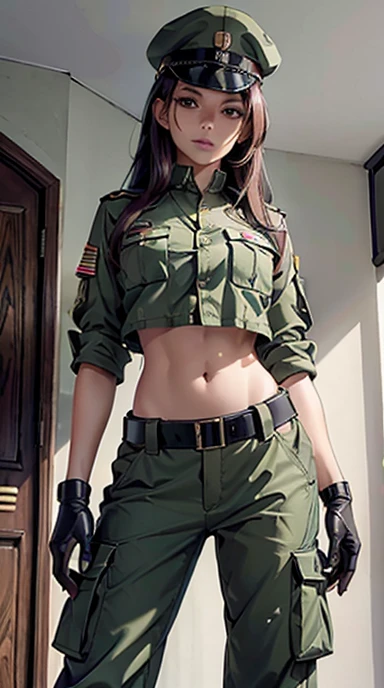 
Women in crop top soldier uniform, soldier hat, medal on the chest,  exposed abdomen area, very low waist cargo pants, navel, 45 years-old, high ranking , standing, 