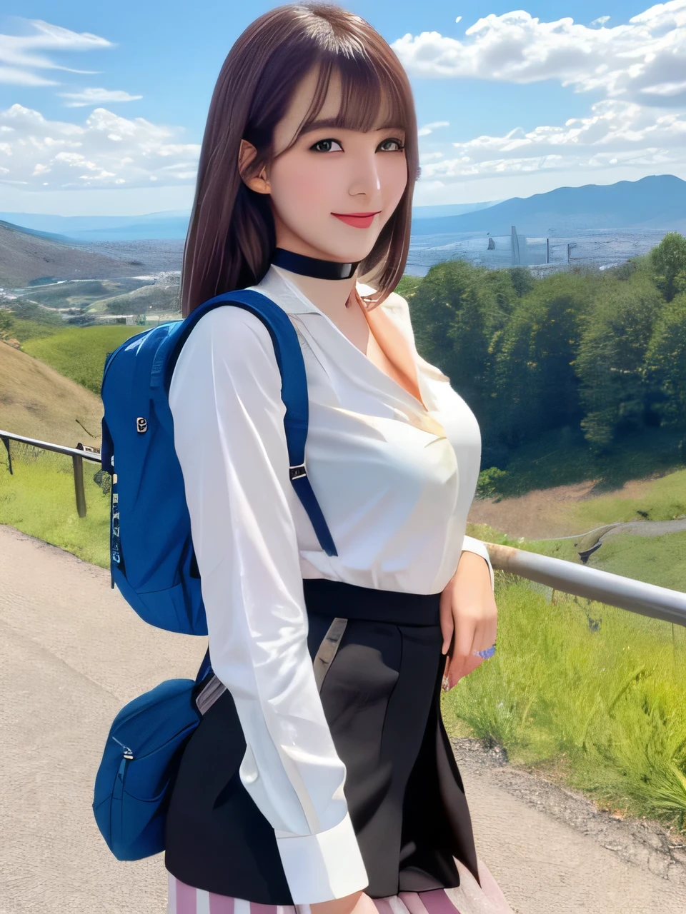 masterpiece, Front view、Cowboy Shot、Cute Japan Woman, (輝くBrown Hair, Straight Long Hair), ((Ivory and pink striped shirt、Black tights、Backpack、Culottes skirt)), Very cute face, Glossy Lips, Double eyelids on both eyes, Natural Makeup, Brown Hair, Asymmetrical bangs, High resolution, Attention to detail, Detailed hairstyle, Detailed face, Octane Rendering, SF, Perfect limbs, ((Black choker)), blue eyes, (Big Breasts), ((Slim body:1.5)), Cool Beauty, ((Slim face)), smile, Mature Woman, Browsing Caution:-1.2, Long, Bushy Eyelashes, Cleavage, ((Mountain、blue sky)),