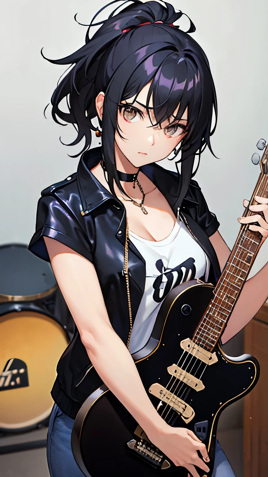 black hair, hair over shoulder, messy hair, masterpiece, (textured skin), best quality, gorgeous adult woman, Rock band guitarist, T-shirt, leisure jacket, choker, electric guitar, Fender, at Live venue