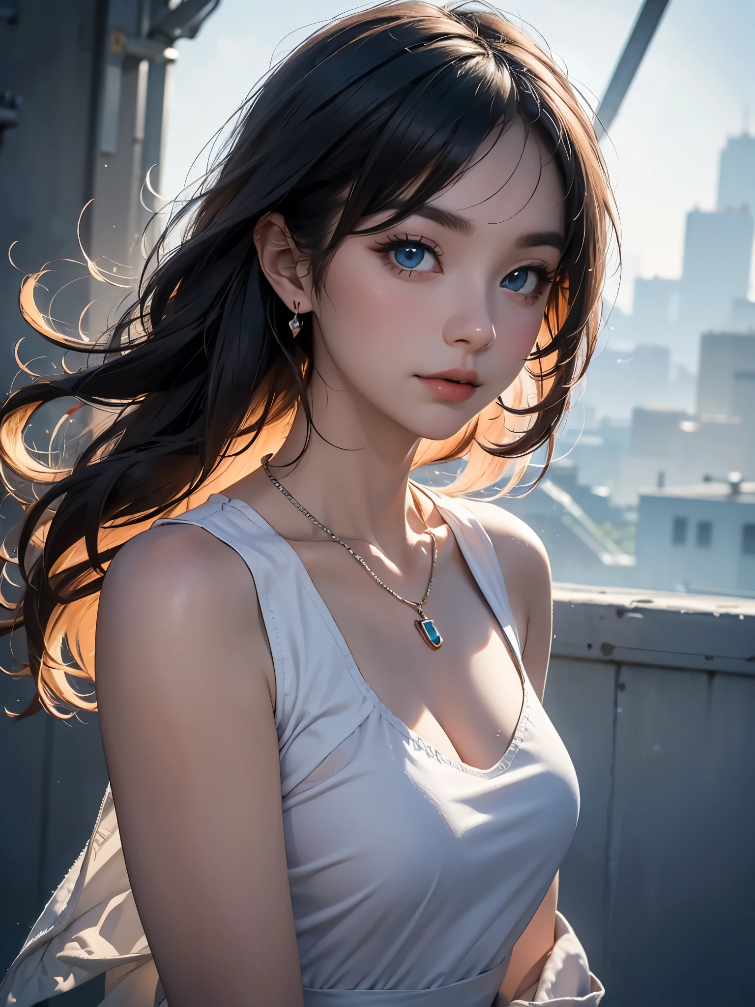 best quality, masterpiece, high resolution, A girl, blond, blue eyes, Fashion Clothing, necklace, jewelry, Pretty Face, Perfect breasts, more than_Body, Tyndall effect, lifelike, Dark Studio, Side light, Two-color lighting, (HD Skin:1.2), 8K Ultra HD, SLR camera, Soft Light, high quality, Volumetric Lighting, frank, photography, high resolution, 4K, 8k, Bokeh,