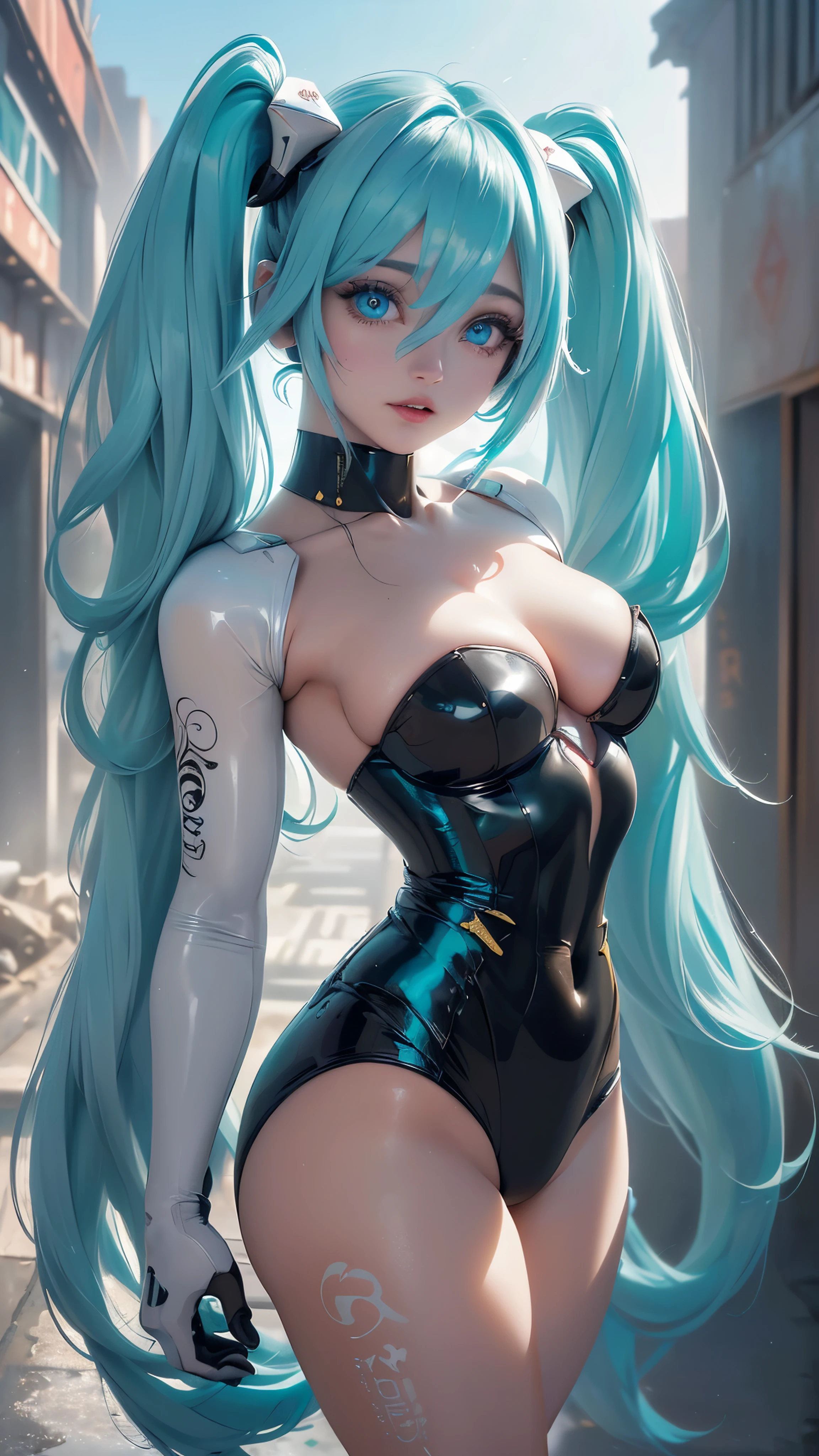 (La mejor calidad,A high resolution,Ultra - detallado,actual), Miku Hatsune, ,(Ruined alley Tokyo cyberpunk dungeon ruins background :1.4 ), pechos grandes, dynamic pose , (pelo verde colas gemelas) ,(minifalda corta blanca:1.4), cabello muy largo) , Put your arms behind your back, (ojos hermosos azules:1.4) , cara relajada, pelo de las cejas, cabello brillante,,(Fondo de ruinas de mazmorra en ruinas:1.4 ), piel brillante, una ligera sonrisa, Racing Miku, cuerpo negro, chaqueta corta, chaqueta blanca, manga larga, guantes de dos tonos, botas altas de muslo,,(Fondo de ruinas de mazmorra en ruinas nublado lluvia :1.4 ),(Obra maestra: 1.4), (8k, realista, foto cruda, La mejor calidad: 1.4),(Miku Hatsune:1.4), (Miku-hatsune V2.1), (Detalles de la cara: 1.5, (ojos azules hermosos :1.4) , (hermoso rostro, labios delgados: 1.5) , delgado, pale and sharp eyebrows, Largo, dark eyelashes, double eyelashes),manos perfectas: 1.5, (Kinematics V2.1),( dynamic pose), (perfect anatomy), (cara detallada :1.4), (no mutaciones) 