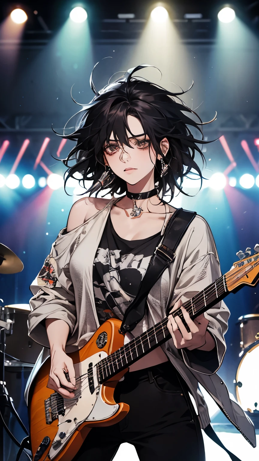 black hair, hair over shoulder, messy hair, masterpiece, (textured skin), best quality, gorgeous adult woman, Rock band vocalist, T-shirt, leisure jacket, choker, stand microphone, electric guitar, Fender, at Live venue