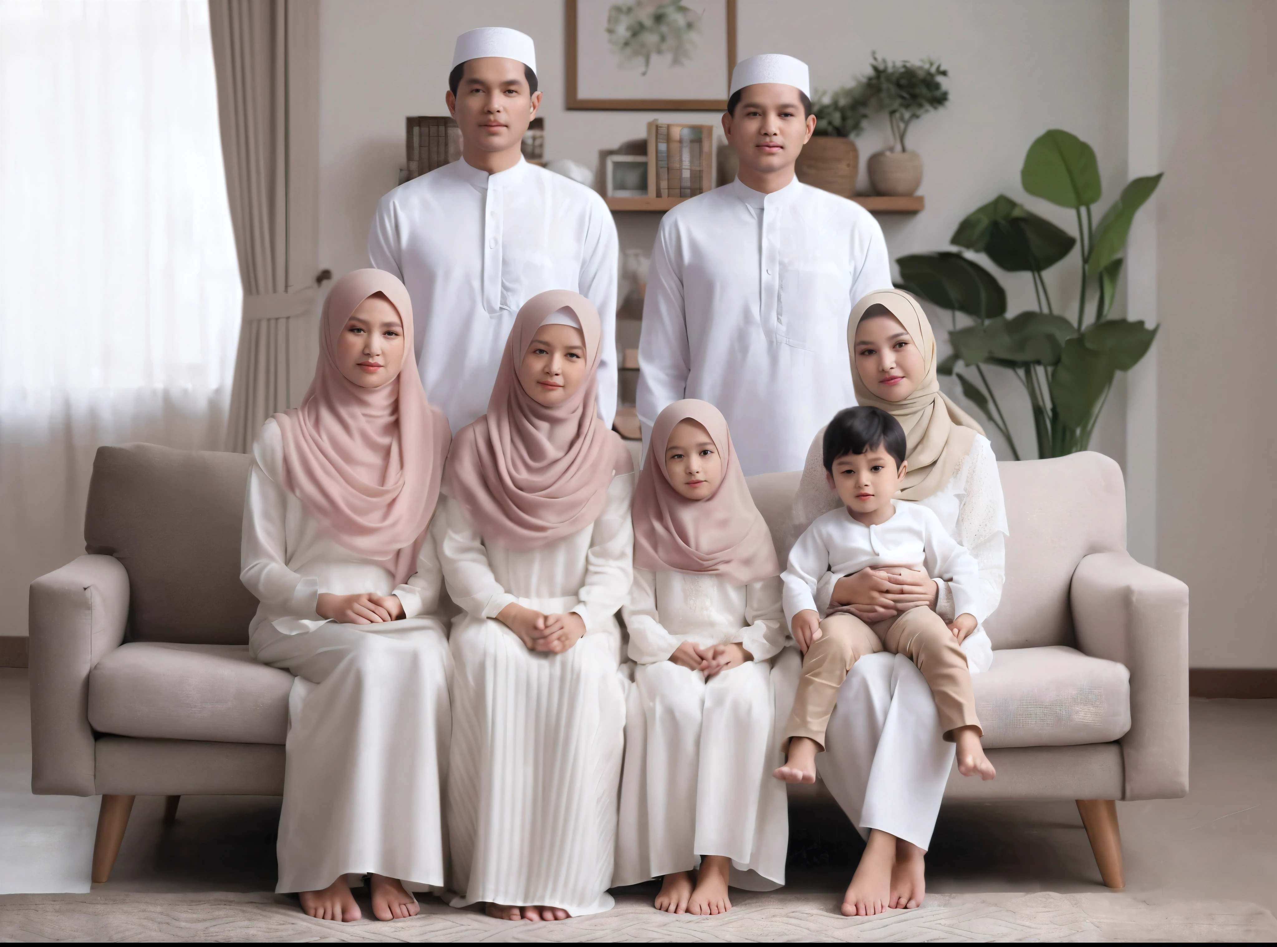 Family photo from Indonesia, seven members, one 70-year-old grandmother sitting on the sofa with one 7-year-old daughter and one 3-year-old son, two men and two women standing behind the sofa, all wearing coordinated white Muslim attire and matching sharia long dresses (soft pink hijab), realistic photo, ultra HD, simple living room background, green flower vase decoration, daylight, UHD, 32k