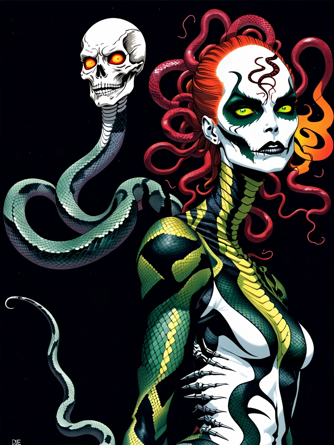 Medusa, colors, bleak muted deep fiery radiant glowing ROYGBIV,  splash page decompressed comic cover art, ink style figure, ((expressive Joelle Jones and "Sean Gordon Murphy" comic drawing)), wordless, cinematic poster, double exposure, optical illusion, image within image, abyss void black no visibility darkness, full length portrait, (background, pine barrens, entropy, rewilding, magic hour sunset, galaxy stars, cosmos), (horror, abstract, surreal, body, cosmic), candid, snake skin dress, morphology anatomy drawn Frederic Delavier musculature anatomical illustration, (face, ornate black-metal corpsepaint face paint, resembles Grace Jones), (body, Naga, snakefolk, lower body snake tail, snake woman hybrid, bald, hairless, skeleton, snake skin tattoos, piercing eyes, snake pupils, over the shoulder), (colors, bleak muted deep fiery radiant glowing ROYGBIV, forest green, earth brown), craftsmanship nuance, (Gerardo Zaffino charcoal), subliminal orchids, nyctophobia, silhouette
