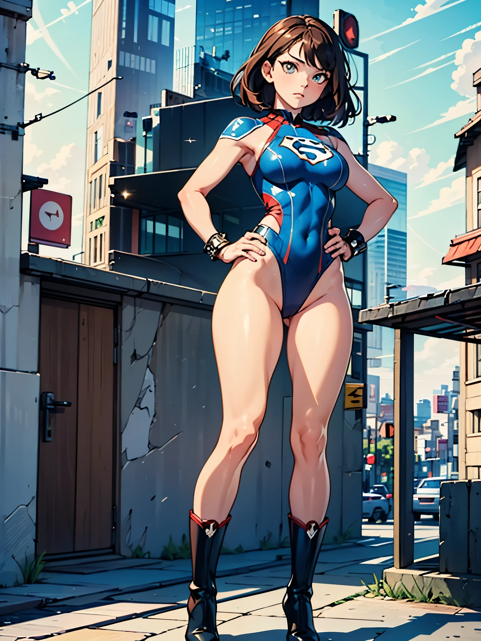 best quality, masterpiece, highres, 1girl, boots, breasts, bracelets, full body with costume, leotard, bare legs, medium breasts, perfect hands, complete fingers, perfect anatomy, perfect proportions, solo, solo focus, superhero girl, beautiful detailed eyes, beautiful detailed face, diffraction spikes, heroic, standing straight, hands on hip, city backdrop