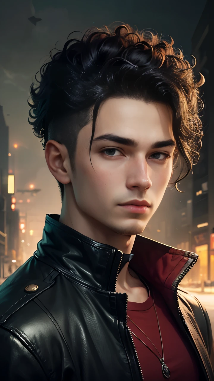 a portrait of a young man with curly undercut hair, Album cover art, artwork by Alastair Reynolds