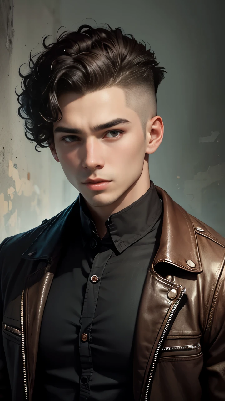 a portrait of a young man with curly undercut hair, Album cover art, artwork by Alastair Reynolds