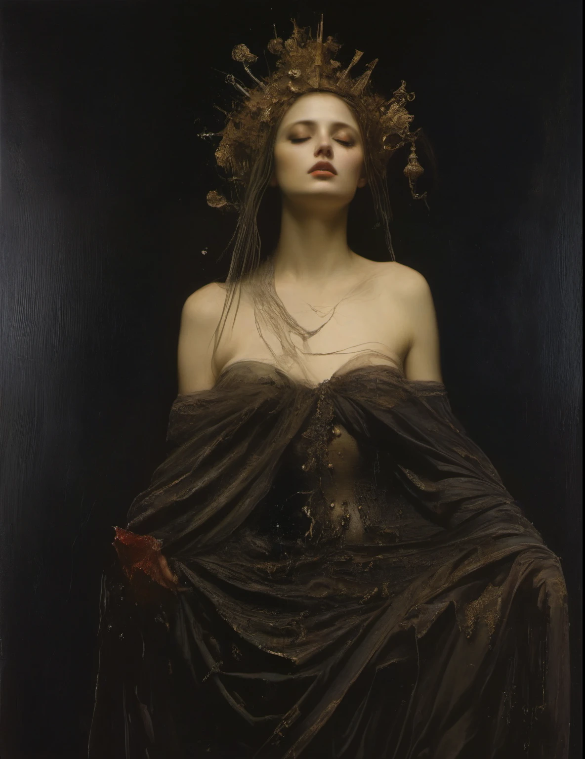 James Gurney, Surrealist art , dream-like, Mysterious, Provocative, symbolic, Complex, detailed,, (Gothic but very beautiful:1.4), (masterpiece, highest quality:1.4) , Nicola Samori Style, Naked siren with flowers growing from her chest