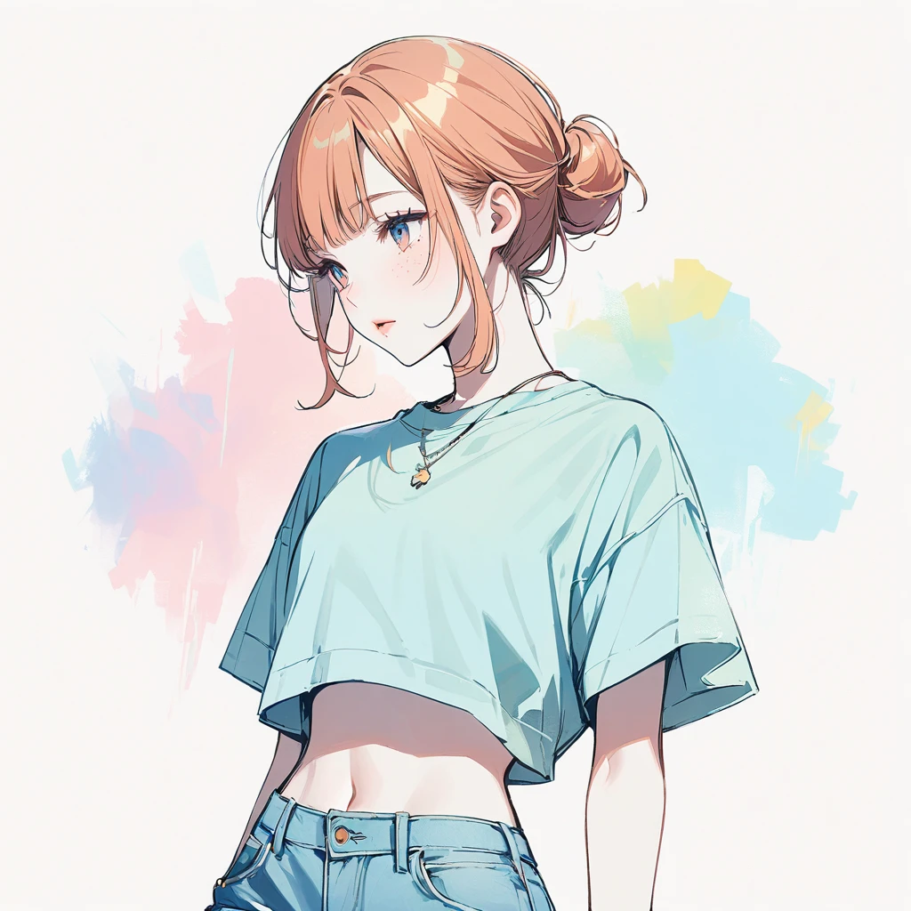 Girl, slim, pale skin, light hazel eyes, freckles, pastel orange hair, ginger, short bangs, low buns, beautiful, tiny buns, soft, delicate, flat, colorful crop top