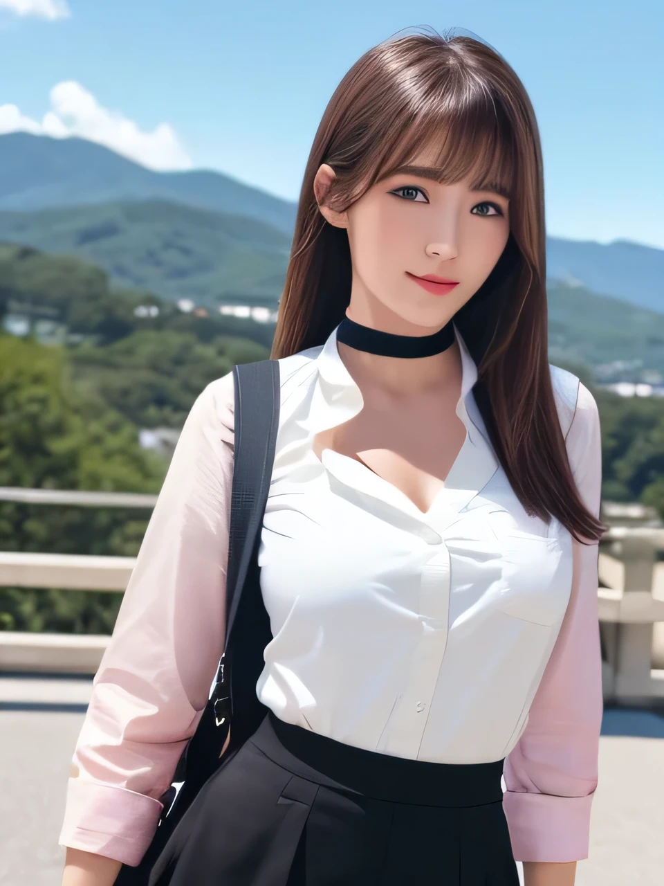 Realistic photos of (1 cute Korean star) hime cut, slightly smile, 32 inch breasts size,wearing pink long sleeve shirt, dress, standing at train station, close-up portrait, UHD