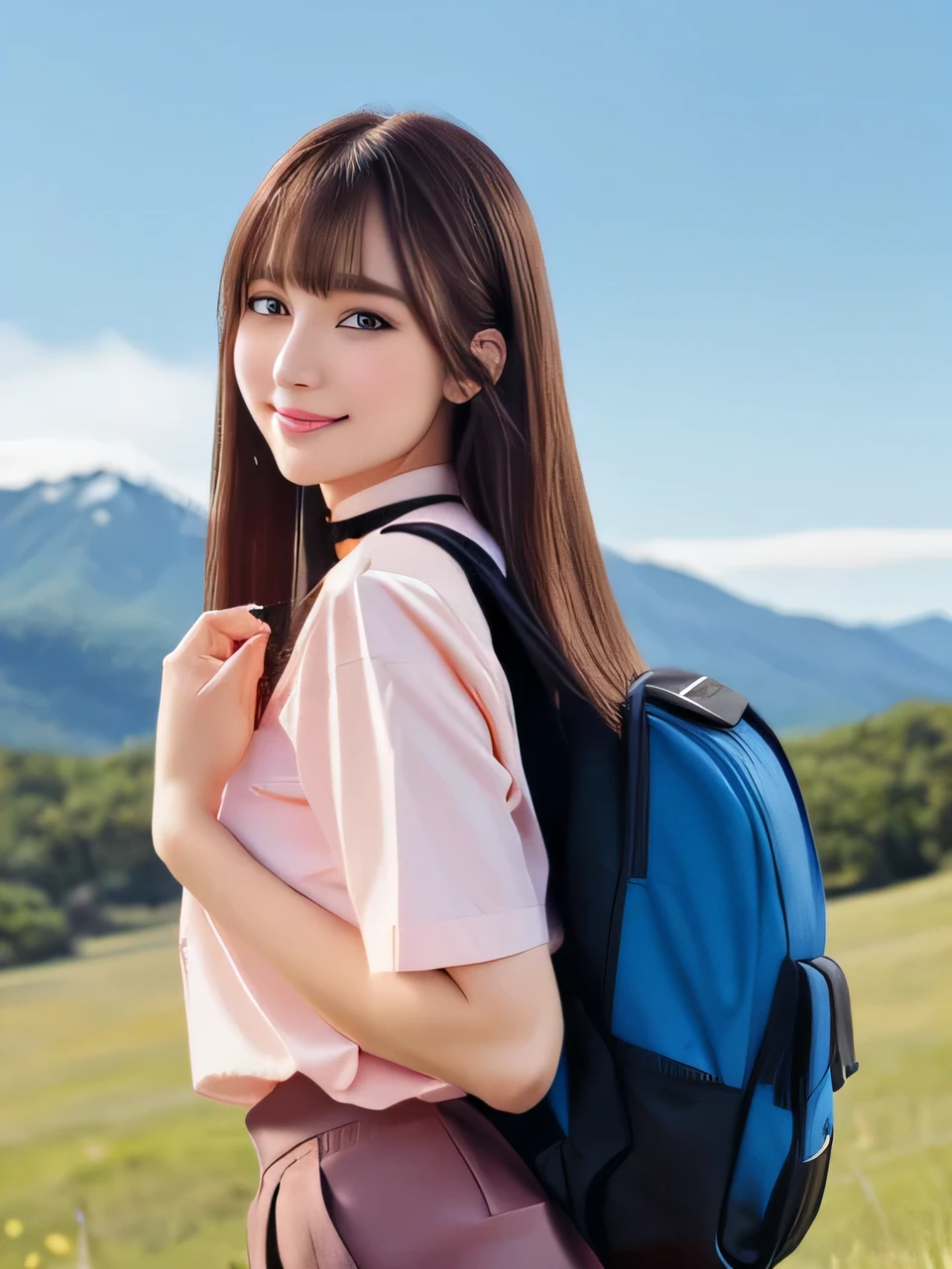 masterpiece, Front view、Cowboy Shot、Cute Japan Woman, (輝くBrown Hair, Straight Long Hair), ((Ivory and pink shirt、Black tights、Backpack、Culottes skirt)), Very cute face, Glossy Lips, Double eyelids on both eyes, Natural Makeup, Brown Hair, Asymmetrical bangs, High resolution, Attention to detail, Detailed hairstyle, Detailed face, Octane Rendering, SF, Perfect limbs, ((Black choker)), blue eyes, (Big Breasts), ((Slim body:1.5)), Cool Beauty, ((Slim face)), smile, Mature Woman, Browsing Caution:-1.2, Long, Bushy Eyelashes, Cleavage, ((Mountain、blue sky)), 