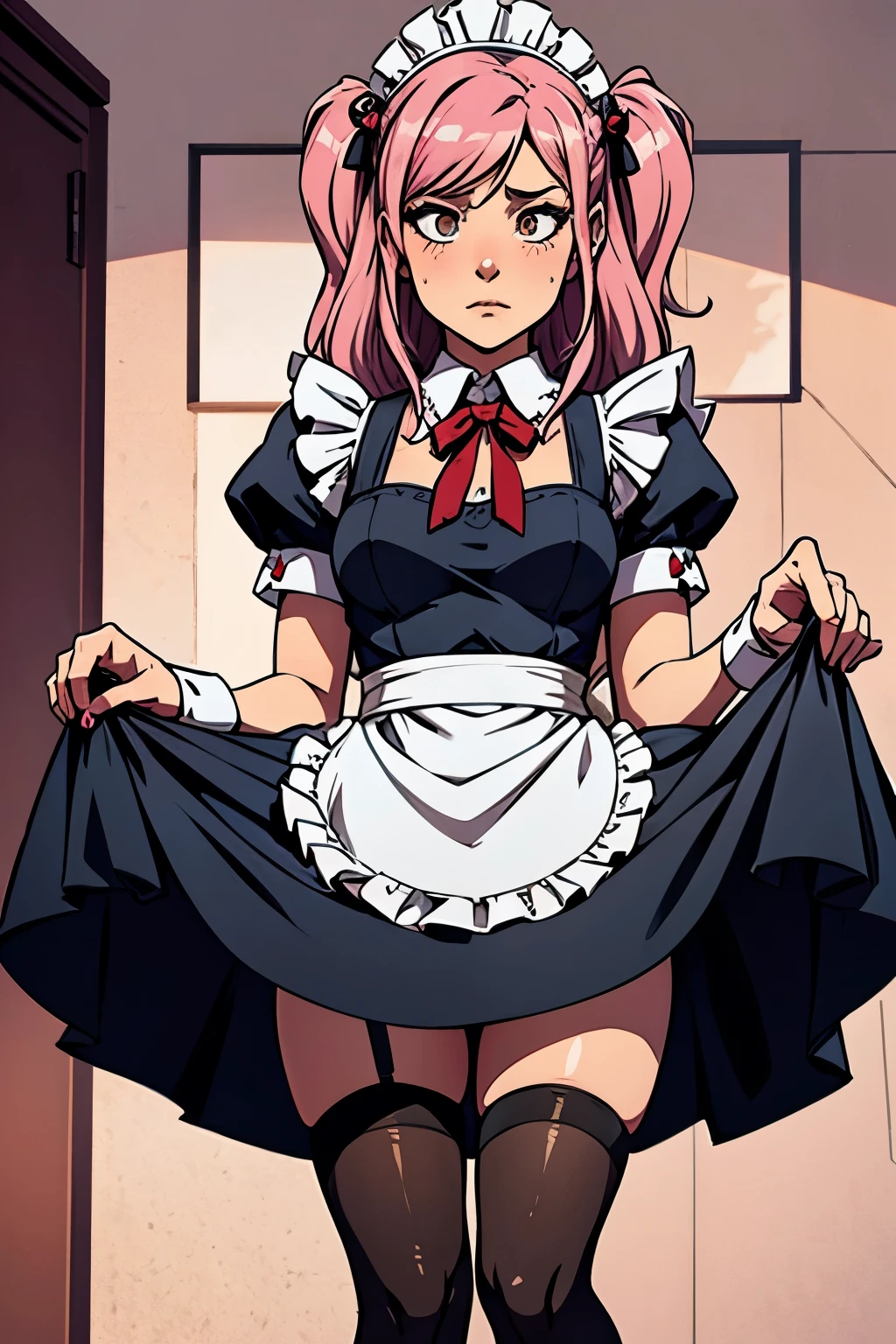 1girl, apron, bow, cube hair ornament, dress, frills, gloom (expression), hair ornament, heart, heart hands, long hair, looking away, maid, maid apron, maid headdress, mary janes, one side up, pink hair, shaded face, shoes, short dress, solo, sweatdrop, thighhighs, white thighhighs, zettai ryouiki,