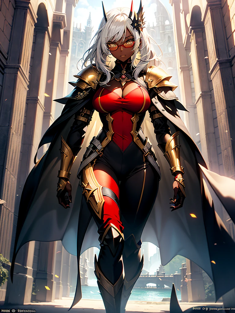 (masterpiece, best quality), (Official art, masterpiece, 8k, ultra-detailed), ultra-detailed, photo of a beautiful 32-year-old woman, dark skin, white hair, wearing round glasses, heterochromia in her eyes, wearing a jumpsuit tight black, with light armor, large breasts, ultra detailed, (detailed face), (1 dark skinned human female), long white hair, ((((Heterochromia in eyes, red and yellow eyes)))), (very detailed eyes: 1,2), ((red and yellow eyes)), detailed representation of eyes, (very detailed eyes and face: 1,3), wearing round glasses, ((well placed glasses, detailed glasses on face)), (gauntlets and boots in high heels), witch items, feeling, ((black jumpsuit costume with light armor)), wallpaper, pinterest, Fantasy Art, (Fantasy art), fantasy scene, (medieval magic village), wallpaper, pinterest, ((dark skin)), (ideal body proportion), frontal photo, exterior, cinematic photo, natural light, beach photo, wallpaper, pinterest, badass image, perfect photo, volumetric lighting