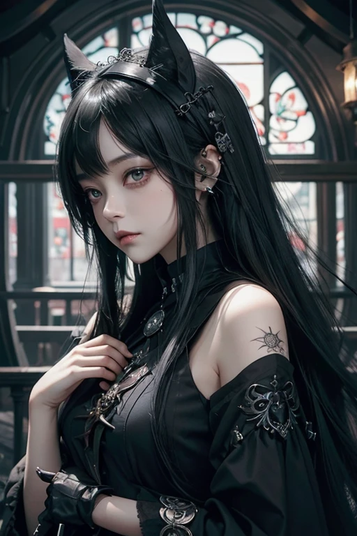 there is a woman with a bird on her shoulder, with long hair and piercing eyes, dark fantasy mixed with realism, 1 7 - year - old anime goth girl, cute face. dark fantasy, raven black hair, black hair and large eyes, by Yang J, artwork in the style of guweiz, dreamy gothic girl, with a real crow on her arm, red rose, red gorgeous accessories 