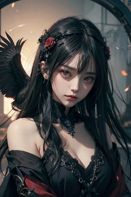 there is a woman with a bird on her shoulder, with long hair and piercing eyes, dark fantasy mixed with realism, 1 7 -  - old me goth girl, cute face. dark fantasy, raven black hair, black hair and large eyes, by Yang J, artwork in the style of guweiz, dreamy gothic girl, with a real crow on her arm, red rose, red gorgeous accessories 