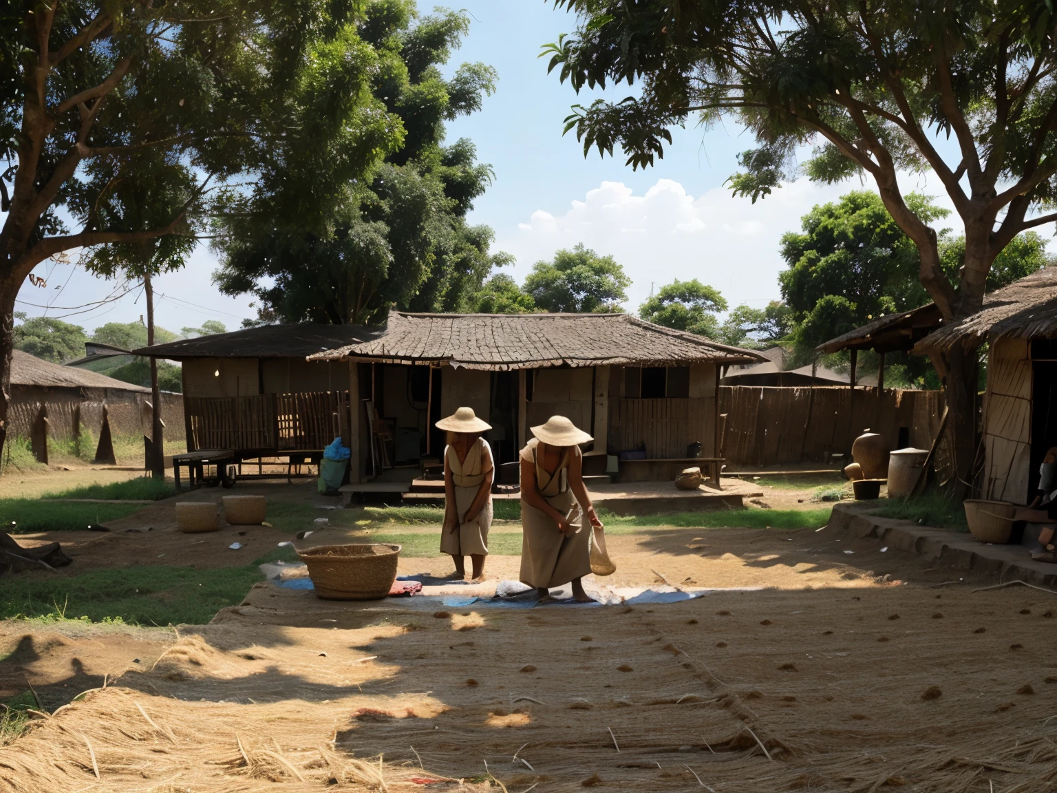 Villagers are drying paddy in the hot afternoon sun.