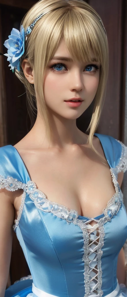 Marie Rose, light blue eyes, (best quality, ultra-detailed), (realistic:1.37), beautiful and detailed face, ultra-realistic texture, delicate face, delicate body, red lipstick, bright colors. High definition, 8k. athletic body