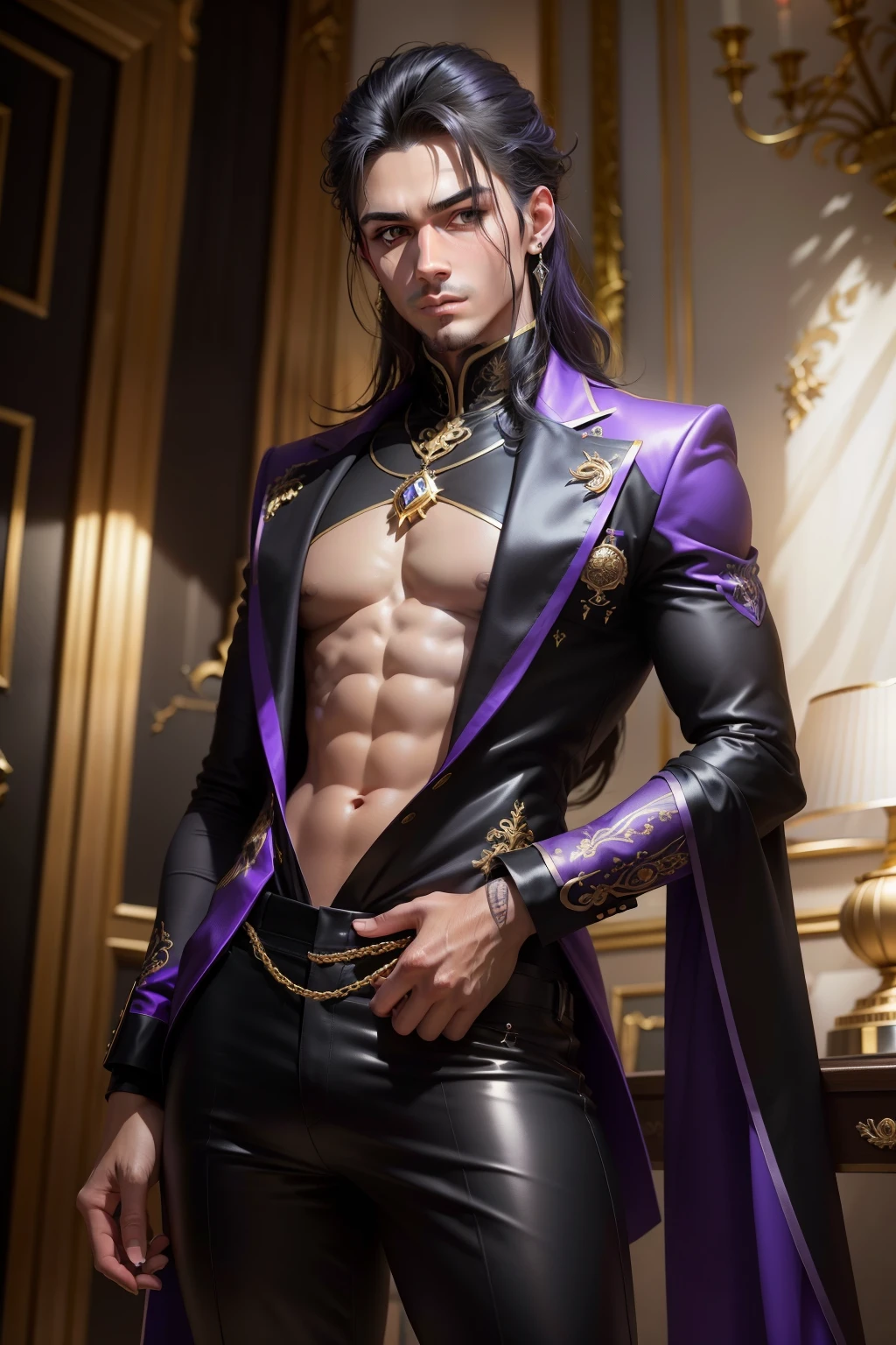 (8k,Fotorrealista　Fotografia RAW　qualidade superior;1.4) (1 menino) Super bonito rei do submundo　(rosto realista) 　(Cabelos roxos de pelo curto)　corpo esguio　Musculoso e machista　Olhos grandes dourados　Black and purple metallic aristocratic costume　golden decoration　Presas espreitando para fora da boca　Garras pontiagudas　um olhar sedutor　beautiful expression　Um hiper-realista　(Rei do Submundo)　atraente　(real-looking skin)　超A high resolution　alto detalhe　Luxurious black and purple pants　Aura roxa emanando do corpo　efeito　Capa preta