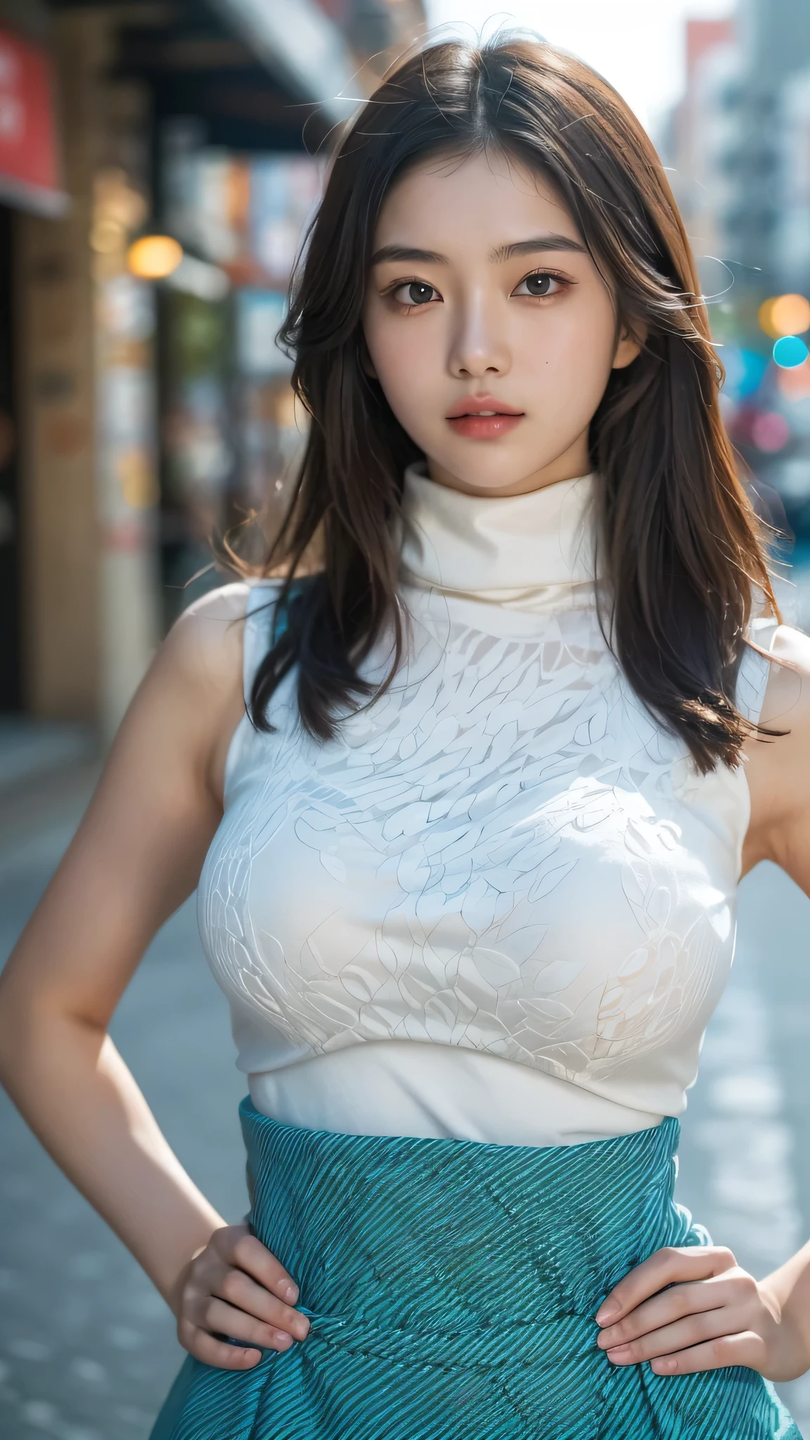 (8,000 people, High resolution, highest quality, Tabletop:1.2)、((whole body)), Japanese girl's life々Beautiful portrait、超A High resolution, highest quality, (Big Breasts,:1.8), {Hide all breasts:1.2}, {Off-white shorts:1.5}. (Wearing a blue sleeveless turtleneck:1.5), (Hands on hips:1.6), (On the street:1.2), break (Natural skin texture, Detailed skin, Surrealism, Extremely clear), Intricate details, Depth of written boundary, Sexy Woman, Long black straight hair, Tight ass, ((masterpiece, highest quality, Attention to detail)), (Realistic:1.4), alone, shut up, smile happily, Big eyes, Clear double eyelids, eyelash, Long neck, Absolute area, Beautiful collarbone, Your face is perfect, Thin lips, Small face, (Looking at the audience, Eye highlights, Light brown eyes, Lip gloss side:1.5), {From head to toe, showing my whole body:1.7}, smile, Dolphin Shorts, stockings, Pregnant women、Pregnant women in their final month、
