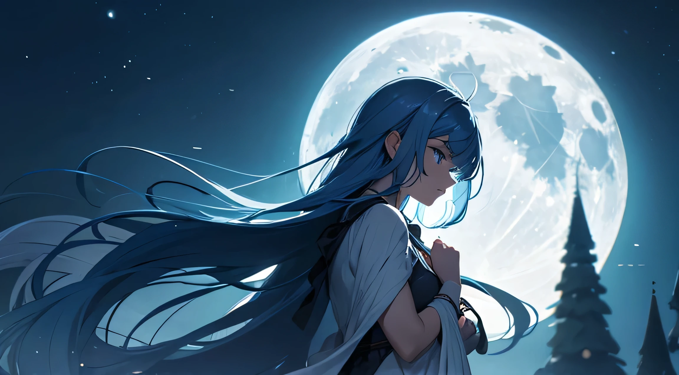 In the silence of the night, under the moon's gentle glow, blue hair wanderer facing moon, with nowhere left to go,

