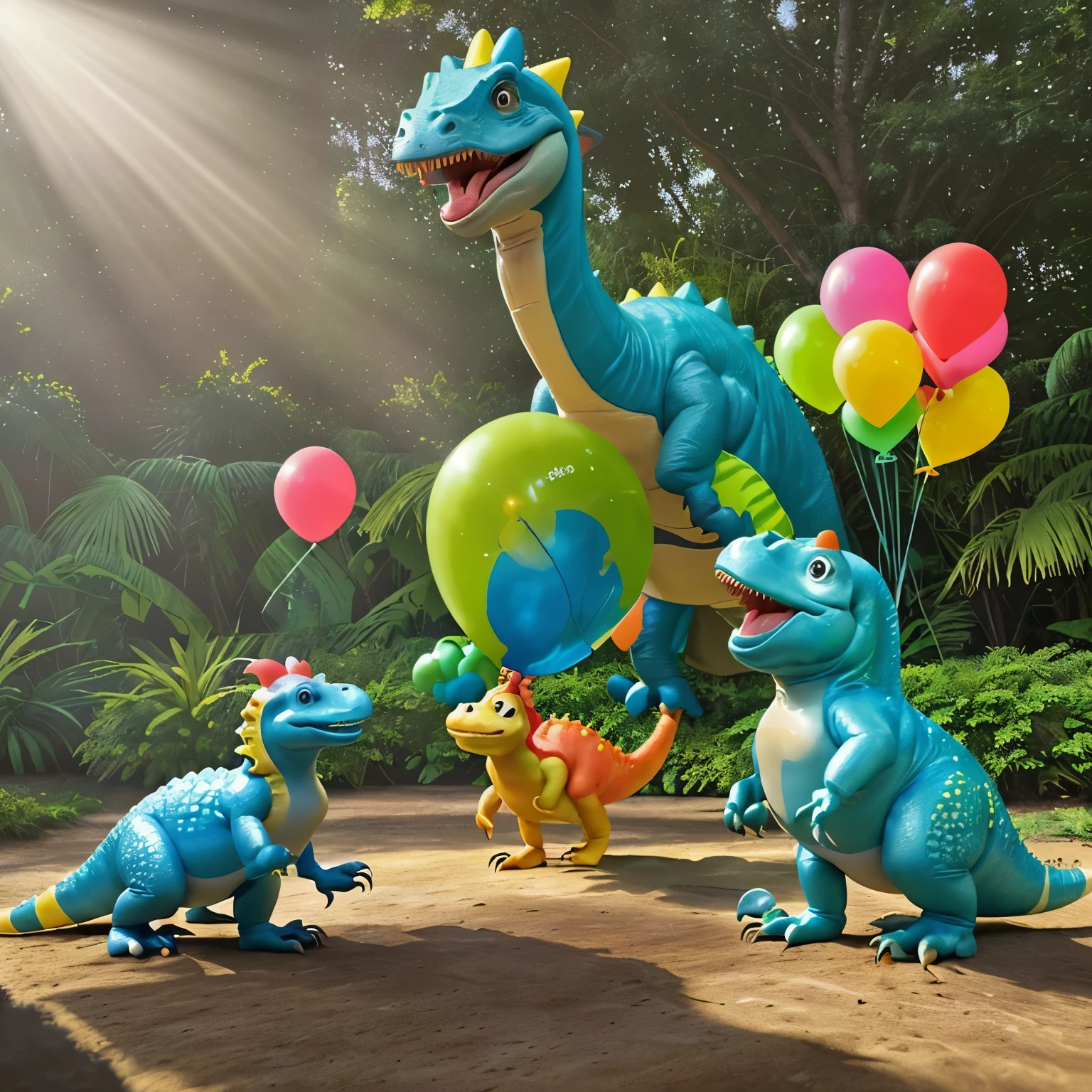 A 1-year-old birthday invitation with a dinosaur theme, featuring cute and playful dinosaurs.
Materials: Illustration
Additional details: A colorful and lively dinosaur forest scene with lush vegetation, (friendly, cartoon-like dinosaurs:1.1) happily roaming around, (baby dinosaurs,) wearing party hats and holding balloons. The sun shining through the trees casts warm and gentle light, creating a joyful ambiance.
Art style: Cartoon, Children's Illustration
Color palette: Bright and vibrant colors with a mix of blues, greens, yellows, and reds, creating a cheerful and eye-catching atmosphere.