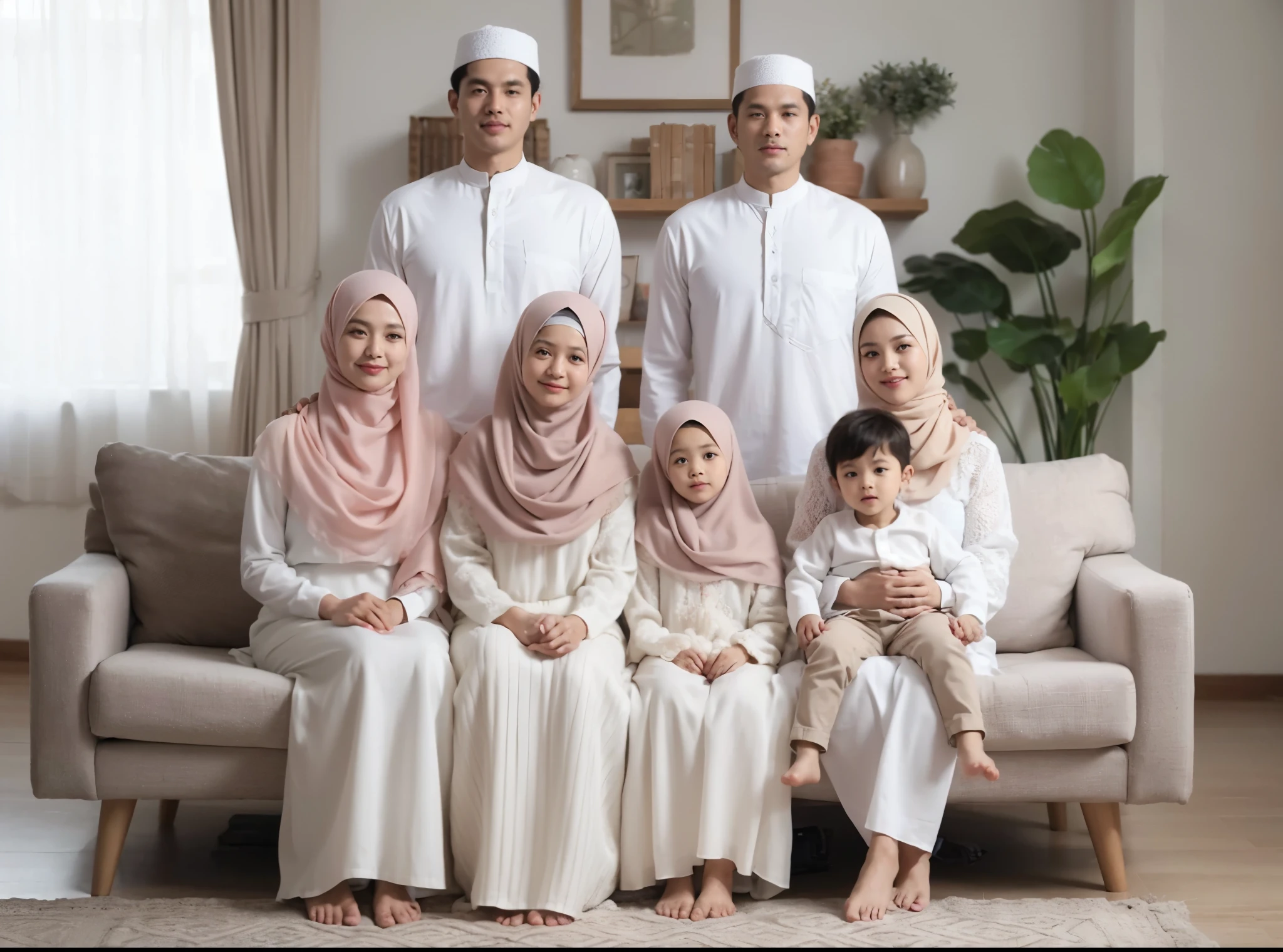 Family photo from Indonesia, seven members, one 70-year-old grandmother sitting on the sofa with one 7-year-old daughter and one 3-year-old son, two men and two women standing behind the sofa, all wearing coordinated white Muslim attire and matching sharia long dresses (soft pink hijab), realistic photo, ultra HD, simple living room background, green flower vase decoration, daylight, UHD, 32k, detailed.