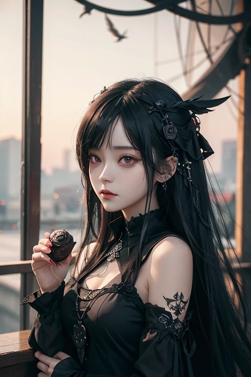 there is a woman with a bird on her shoulder, with long hair and piercing eyes, dark fantasy mixed with realism, 1 7 -  - old me goth girl, cute face. dark fantasy, raven black hair, black hair and large eyes, by Yang J, artwork in the style of guweiz, dreamy red gothic girl, with a crow on her arm, red rose, red gorgeous accessories 