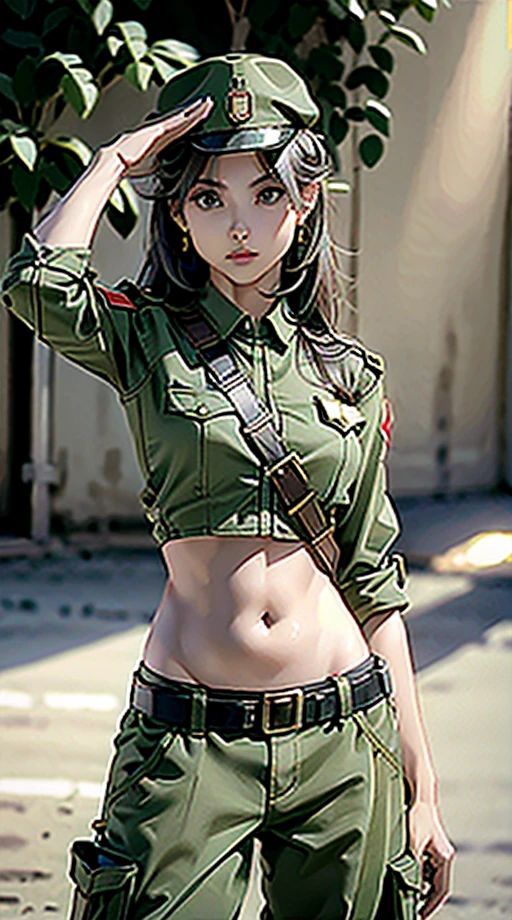 Women in crop top soldier uniform, soldier hat, medal on the chest, exposed abdomen area, very low waist cargo pants, navel, 45 years-old, high ranking , standing, military salute