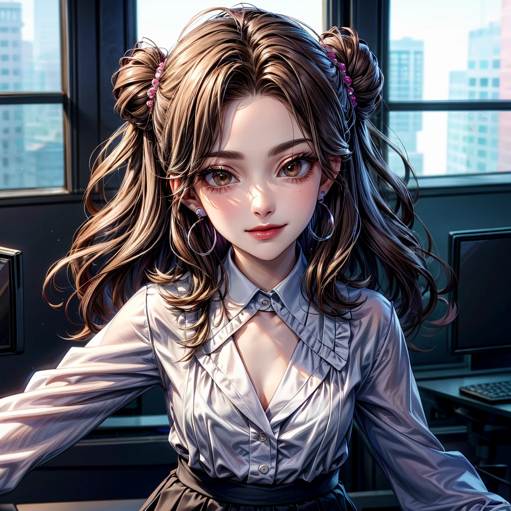 1 woman of 30 years old, {{{brunette}}} hair up in a neat bun, {{{pale brown eyes}}}, office blouse and black pin skirt, small smile, {pearl earrings}, in a office with cold lighting, {best quality.}, {highreaasterpiece.}, {{{medium close up.}}}, {facing viewer}