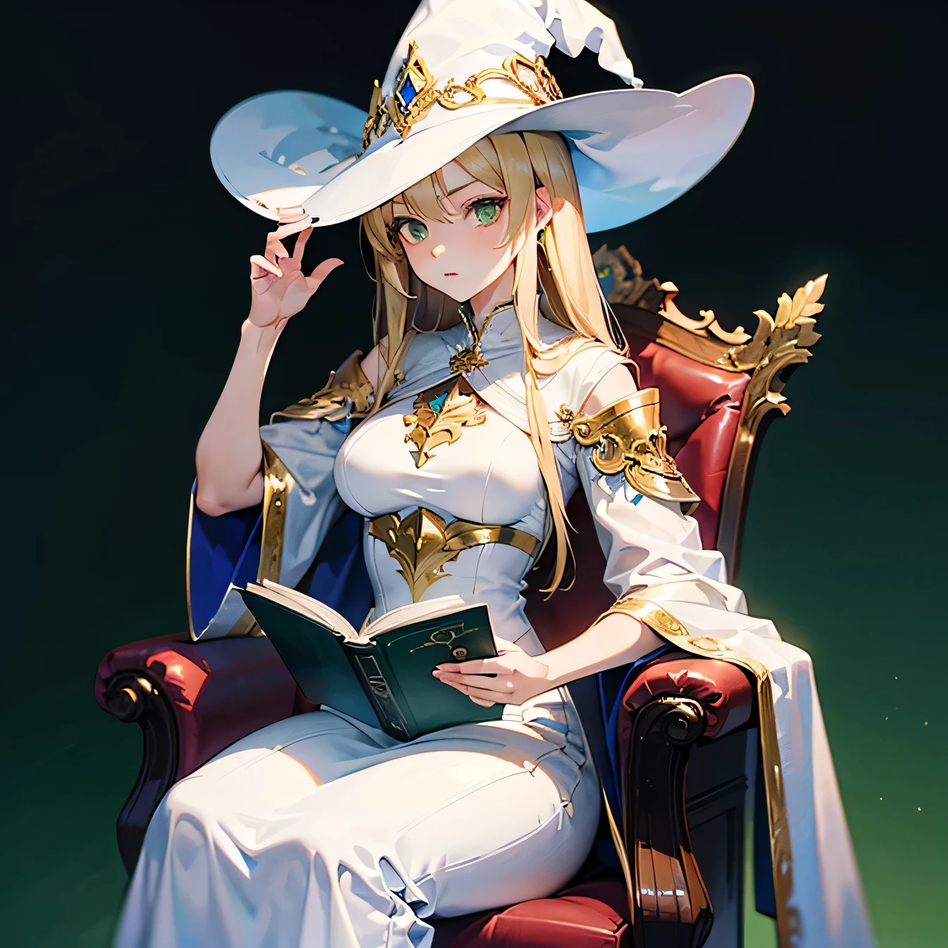 Anime art style,highest quality,High resolution,Anatomically correct,One Woman,Mid twenties,Blonde,Beautiful ironed hair,Super long hair,Super detailed,Fantasy World,witch,White hat with gold trim,White cloak with gold trim,Long skirt,Medium sized breasts,Outdoor,Shade,Reading a book,Eyes drawn in detail,8K