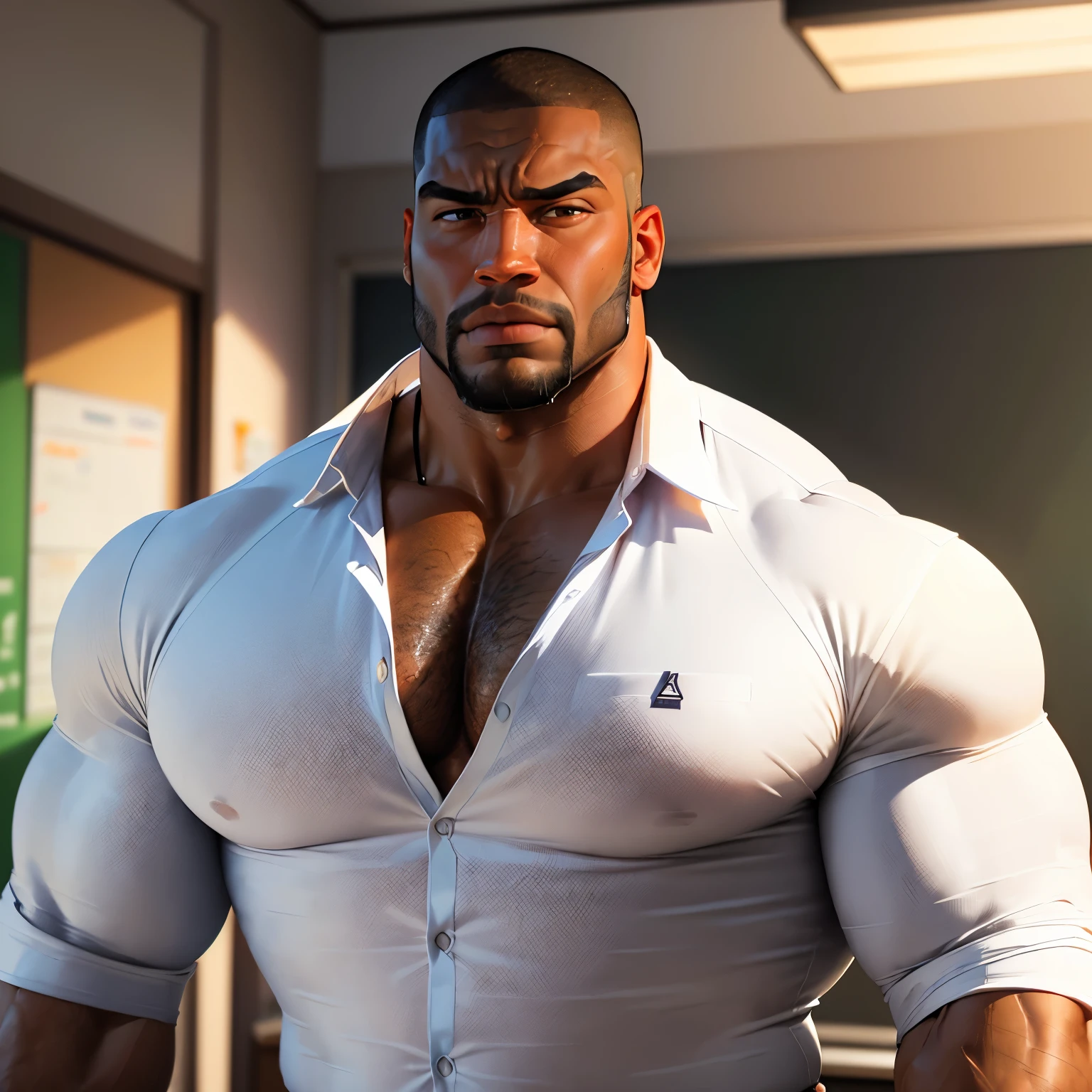 an exaggeratedly muscular and large bodyguard, beefy build, beard, dark-skinned african american male, buzzcut hair with square line, (confused expression: 1.2), (wearing white business shirt: 1.1), (visible midriff:1.1), (bara pecs: 1.3), beefy pecs, (arm and chest hair: 1.2), portrait HD, (flourescent classroom)