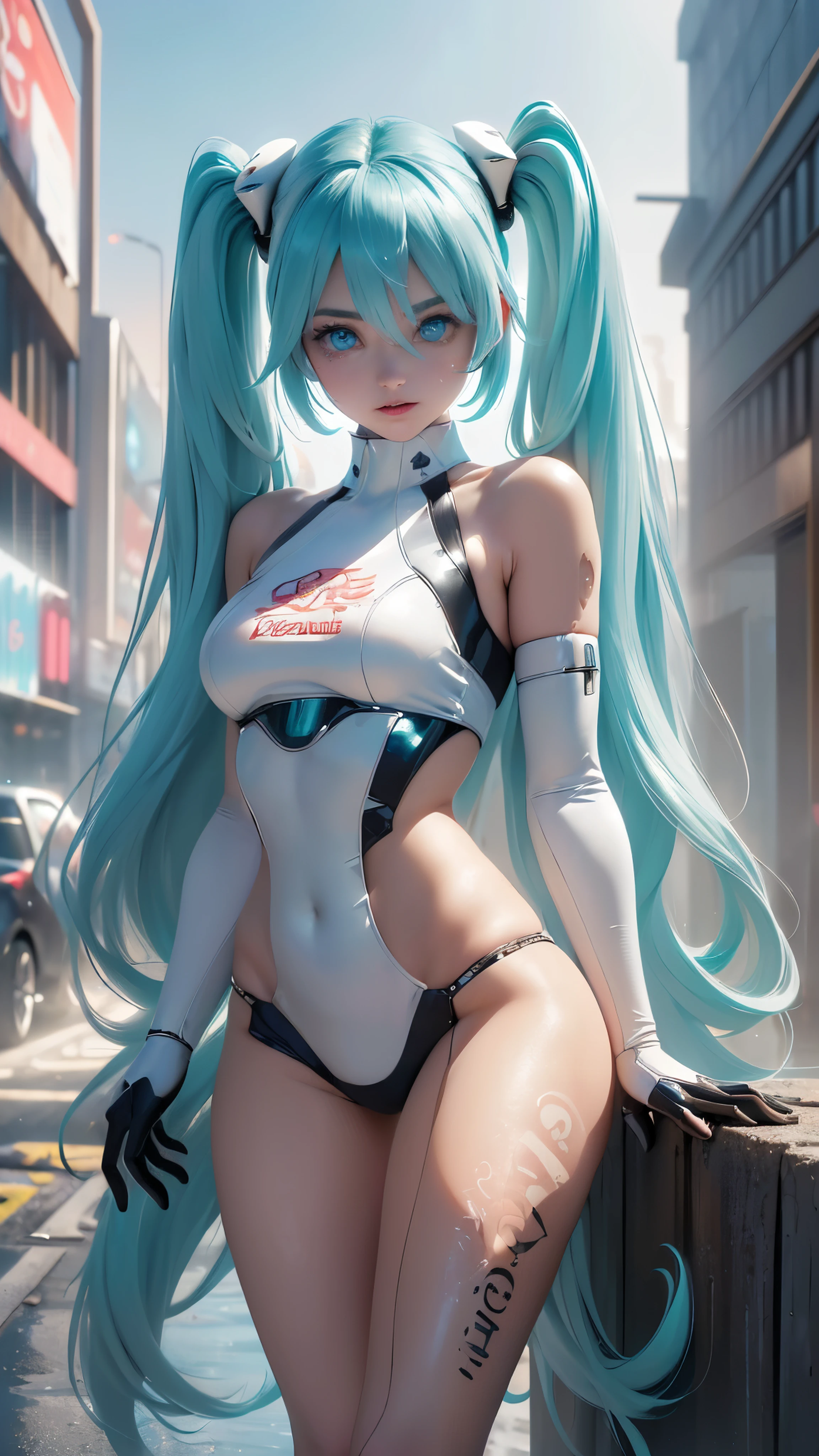 (La mejor calidad,A high resolution,Ultra - detallado,actual), Miku Hatsune bikini white , ,(Ruined alley Tokyo cyberpunk dungeon ruins background :1.4 ), pechos grandes, dynamic pose , (pelo verde colas gemelas) ,(minifalda corta blanca:1.4), cabello muy largo) , Put your arms behind your back, (ojos hermosos azules:1.4) , cara relajada, pelo de las cejas, cabello brillante,,(Fondo de ruinas de mazmorra en ruinas:1.4 ), piel brillante, una ligera sonrisa, Racing Miku, cuerpo negro, chaqueta corta, chaqueta blanca, manga larga, guantes de dos tonos, botas altas de muslo,,(Fondo de ruinas de mazmorra en ruinas nublado lluvia :1.4 ),(Obra maestra: 1.4), (8k, realista, foto cruda, La mejor calidad: 1.4),(Miku Hatsune:1.4), (Miku-hatsune V2.1), (Detalles de la cara: 1.5, (ojos azules hermosos :1.4) , (hermoso rostro, labios delgados: 1.5) , delgado, pale and sharp eyebrows, Largo, dark eyelashes, double eyelashes),manos perfectas: 1.5, (Kinematics V2.1),( dynamic pose), (perfect anatomy), (cara detallada :1.4), (no mutaciones) 