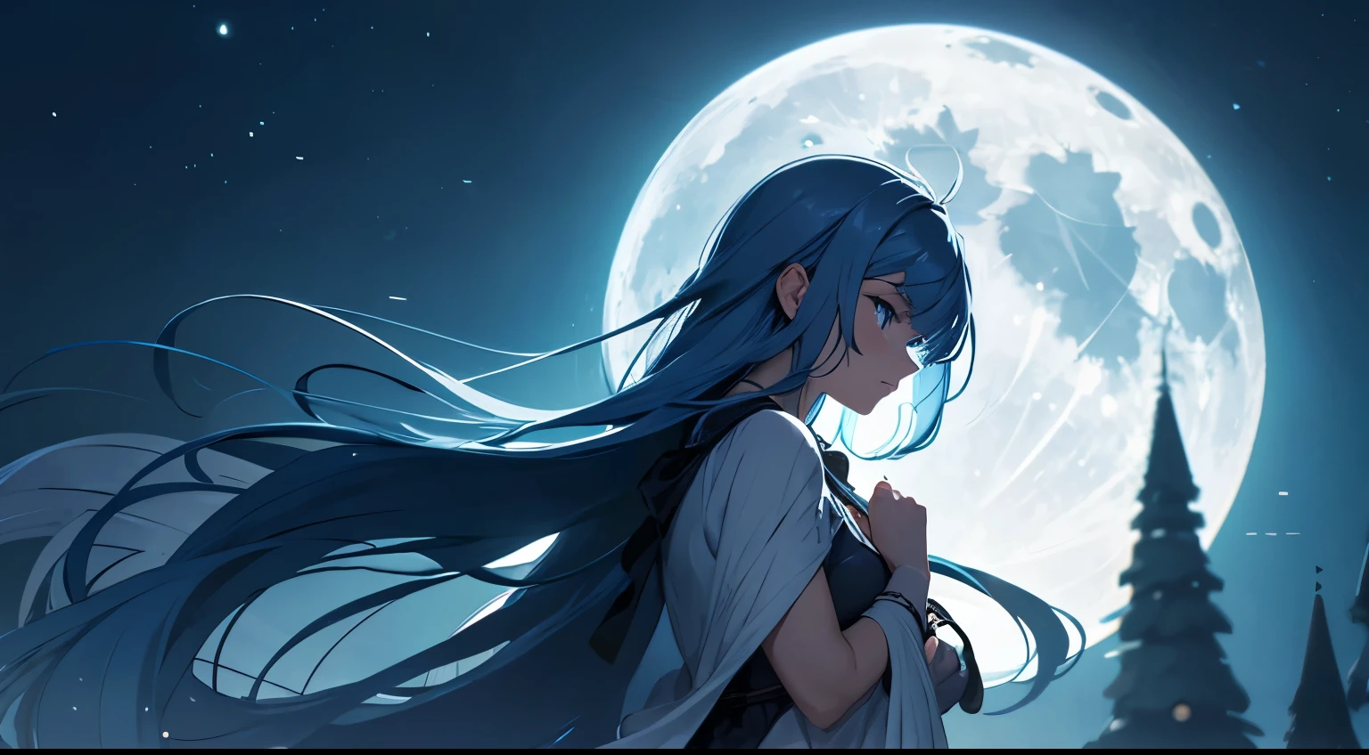 In the silence of the night, under the moon's gentle glow, blue hair wanderer facing moon, with nowhere left to go,